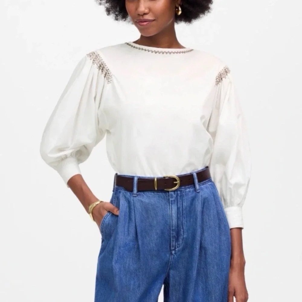 Madewell Embroidered Poplin Balloon-Sleeve Top White Boho Peasant Size‎ L